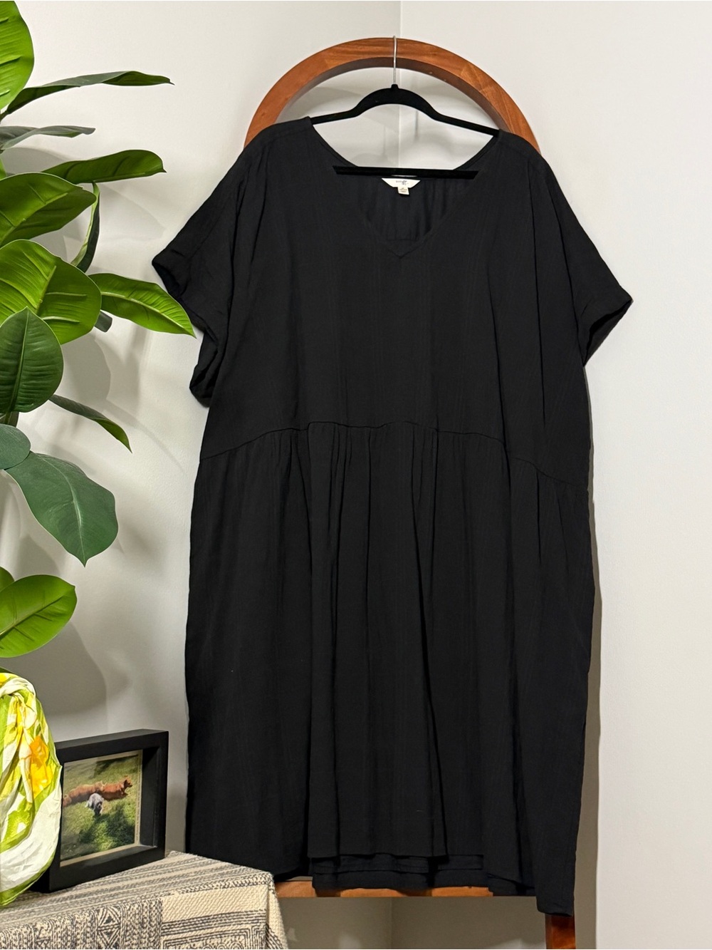 Terra & Sky 4X Black 100% Cotton Textured V Neck Babydoll Dress